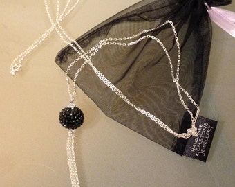 A Long Sterling Silver Chain with a Faceted Black Spinel Cluster Bead and Sterling Silver Chain Tassel Drop