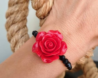 Red Rose Bracelet, Rock Bracelet, Black Crystal Bracelet, Festival Jewelry.