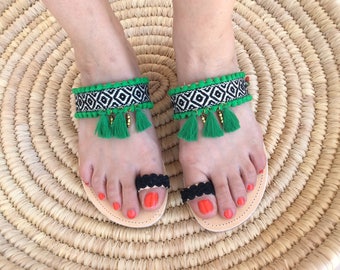 Greek Leather Sandals With Pom Pom, Hippie Boho Sandals.