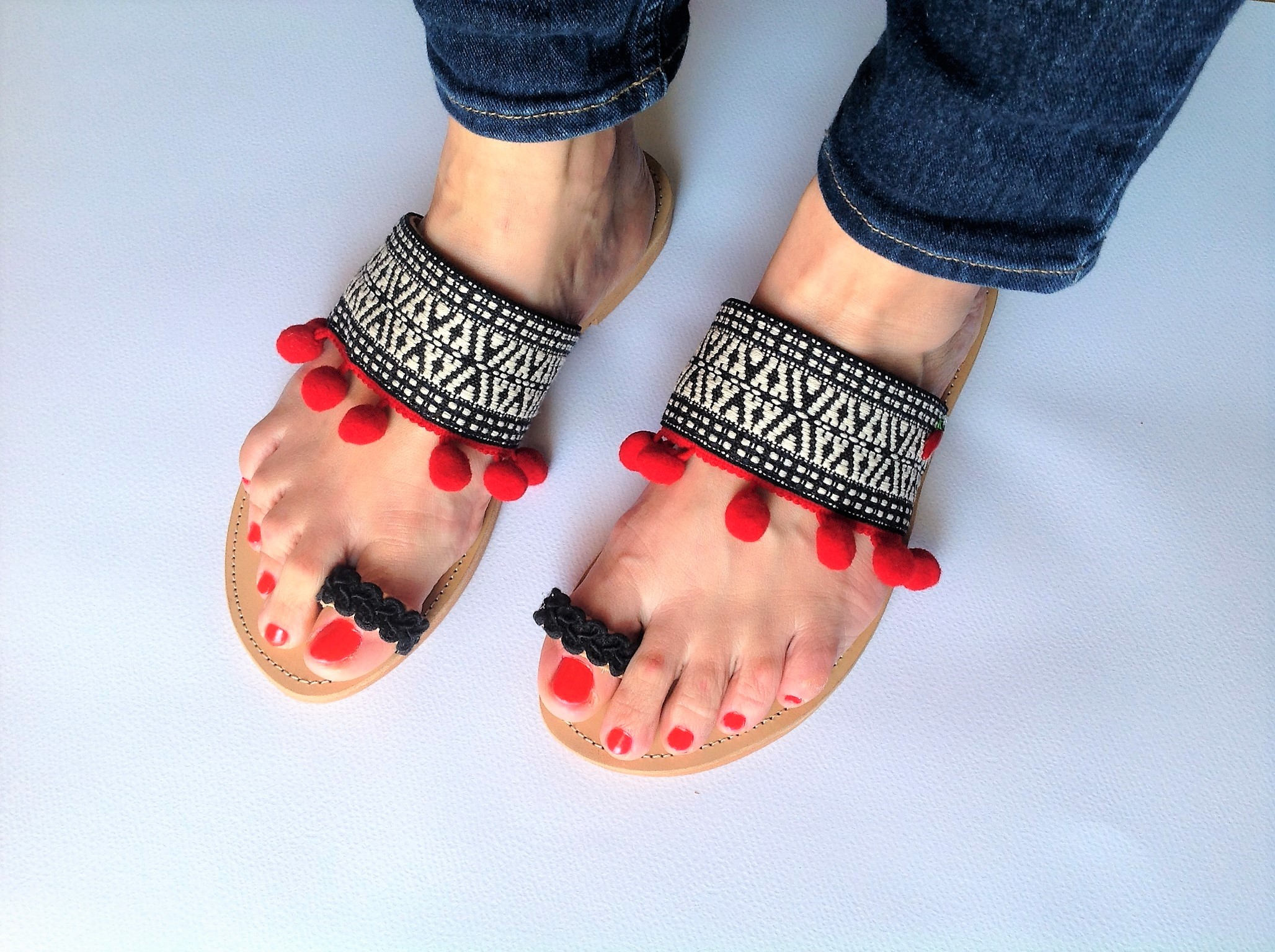 Black and White Boho Sandals Pom Pom Sandals Boho Chic | Etsy