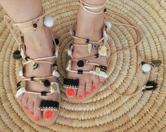 Greek Leather Sandals.Boho Handmade Sandals. Beach Black Sandals.
