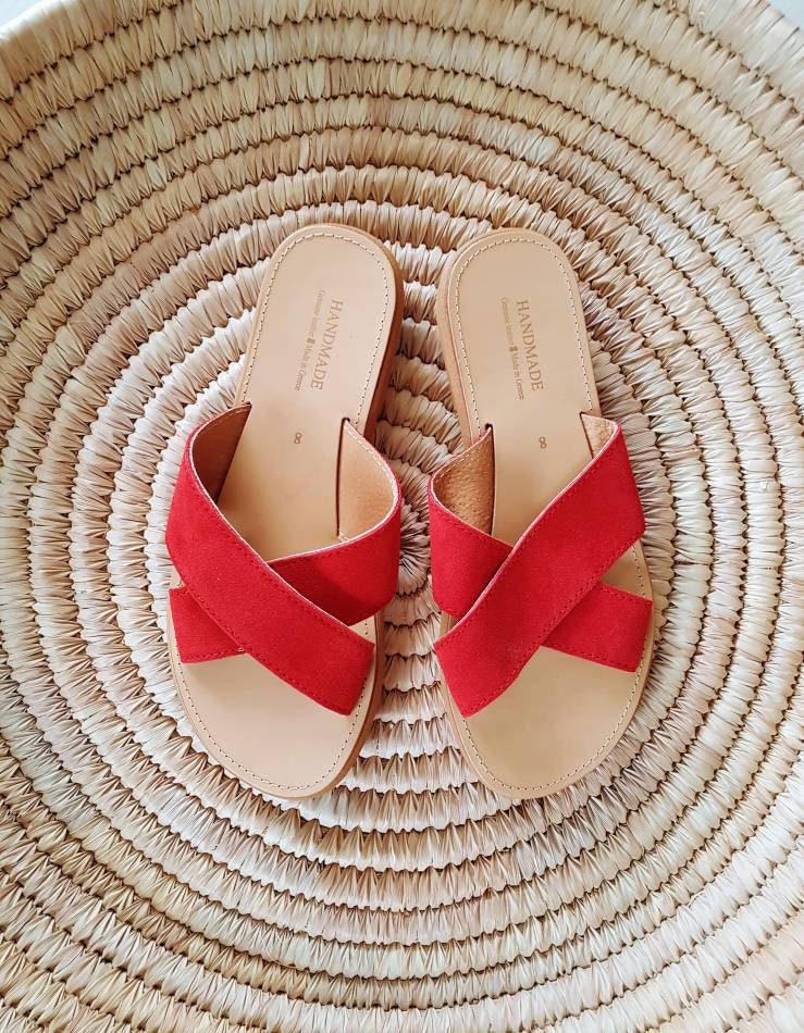 Red and Yellow Sandals Suede Sandals Boho Leather Sandals. | Etsy