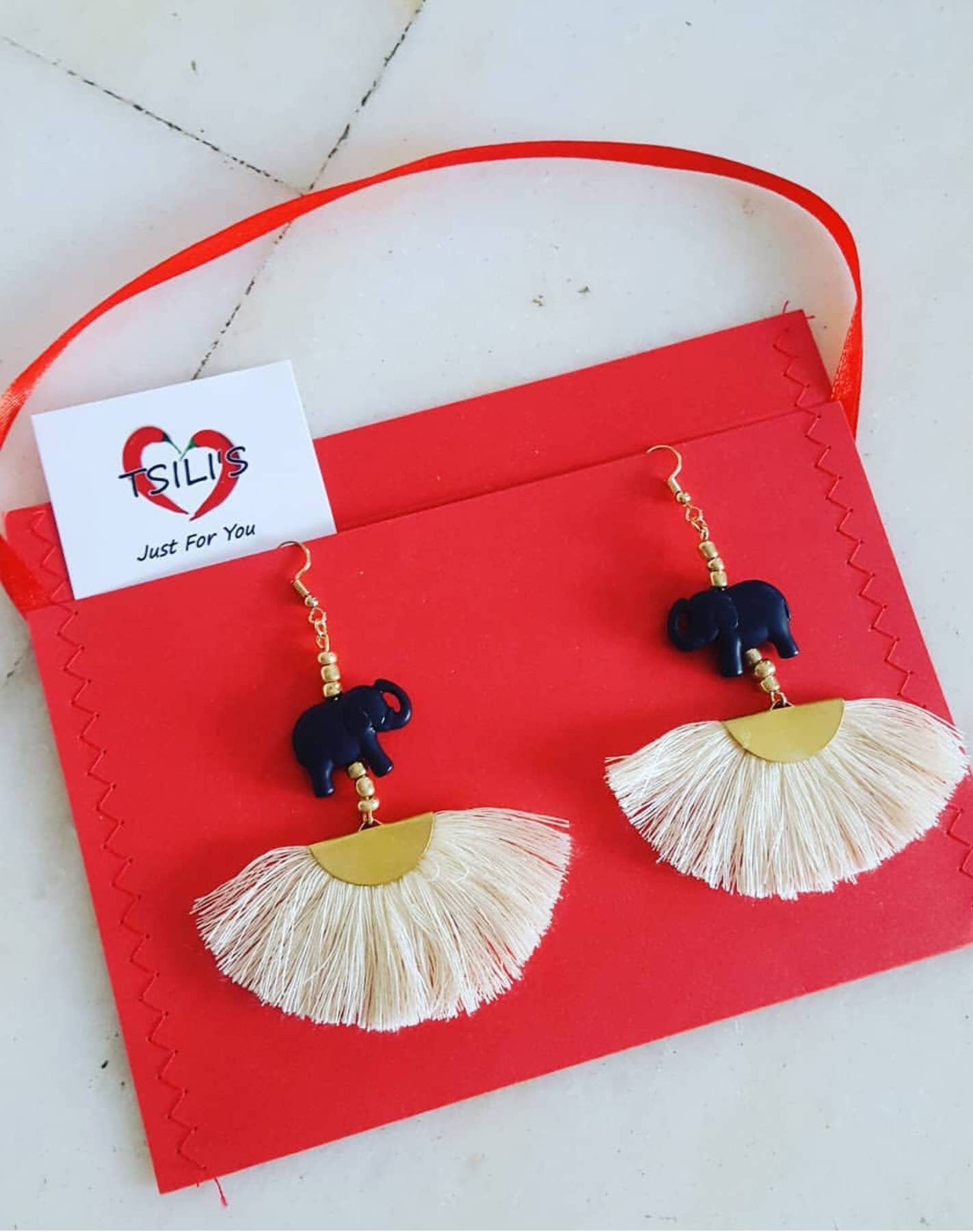 Bohemian Fan Earrings Black Tassel Earrings With White Etsy