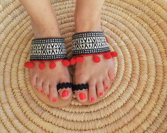 Black and White Boho Sandals, Pom Pom Sandals, Boho Chic Summer Shoes, Gift For Her.