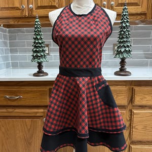Handmade Women’s Full Apron Buffalo Plaid Red & Black Hostess Apron with double skirts and a pocket