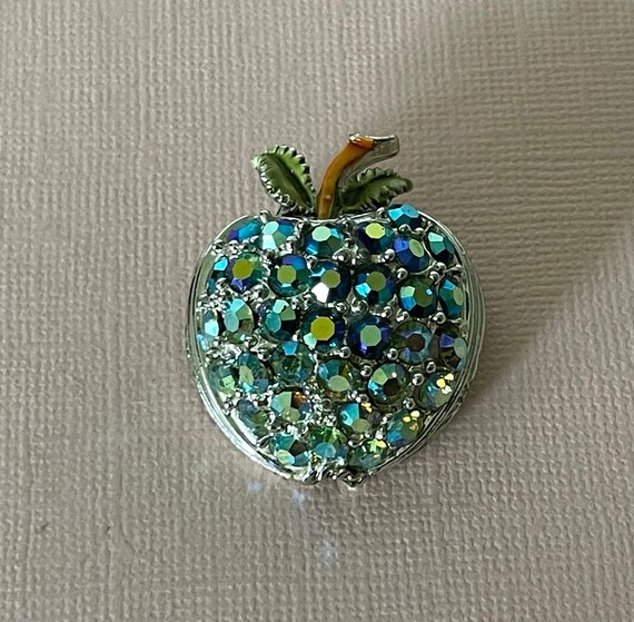 Vintage peacock rhinestone apple pin, blue rhines… - image 8