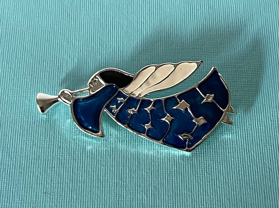 Vintage angel brooch, blue angel pin, Christmas a… - image 1