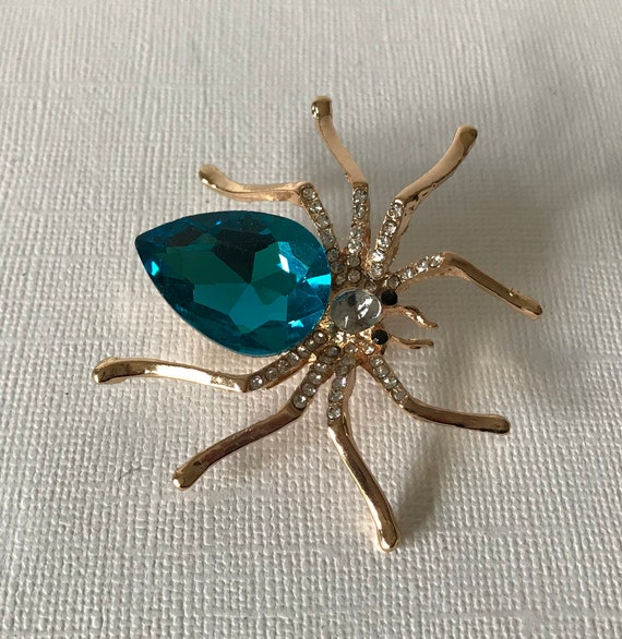 Blue rhinestone spider pin, gold spider pin, blue 