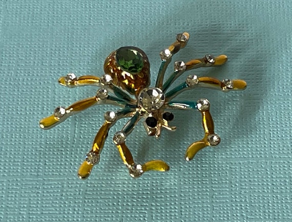 Rhinestone spider brooch, green rhinestone spider… - image 4