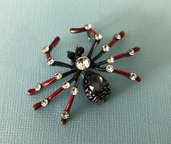 Black and red rhinestone spider pin, spider brooc… - image 8