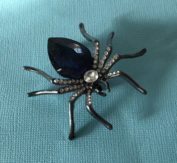 Blue rhinestone brooch, black and blue spider pin… - image 1