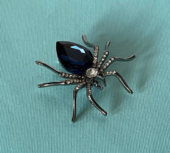 Rhinestone spider brooch, blue spider brooch, wed… - image 1