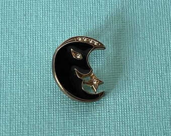 Vintage crescent moon brooch, moon brooch, rhinestone crescent moon pin, to the moon and back, crescent moon pin, blak moon pin, moon