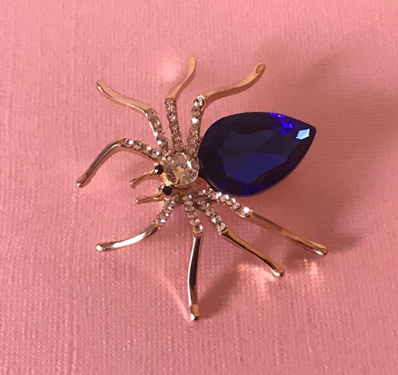 Rhinestone spider pin, spider brooch, blue rhines… - image 2