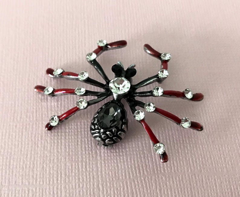 Black and Red Rhinestone Spider Pin, Spider Brooch, Halloween Spider ...