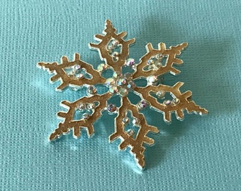 Vintage gold and silver snowflake brooch, rhinestone snowflake pin, snowflake jewelry, Christmas jewelry, gold snowflake, silver snowflake