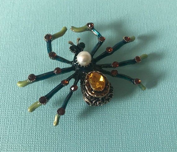 Large rhinestone spider pin, blue spider pin, yel… - image 2
