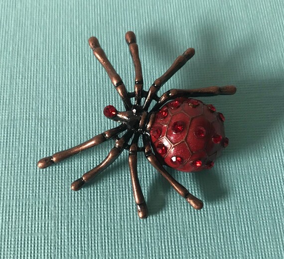 Red rhinestone spider pin, spider brooch, Hallowee