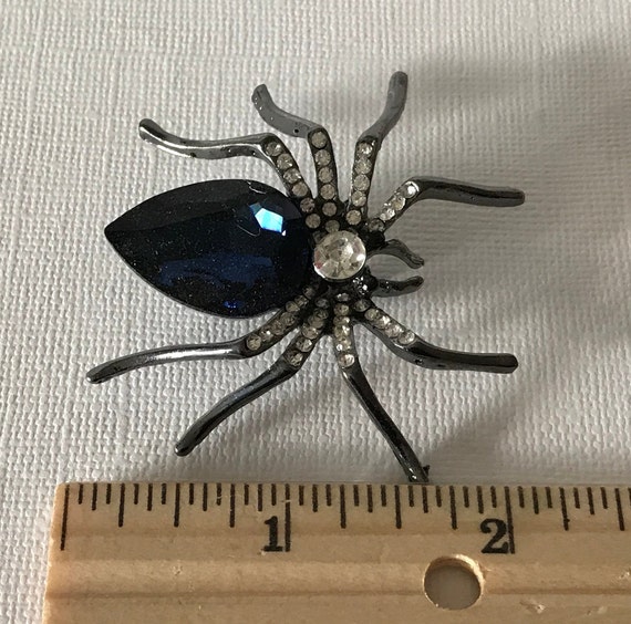 Blue rhinestone brooch, black and blue spider pin… - image 4