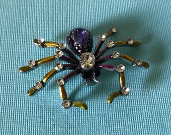 Purple and yellow rhinestone spider brooch, spider pin, spider jewelry, Halloween spider pin, purple rhinestone spider pin, yellow spider