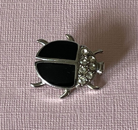 Vintage lady bug brooch, black beetle brooch, rhi… - image 6