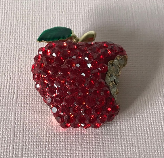 Vintage rhinestone apple pin, apple pin, the big a