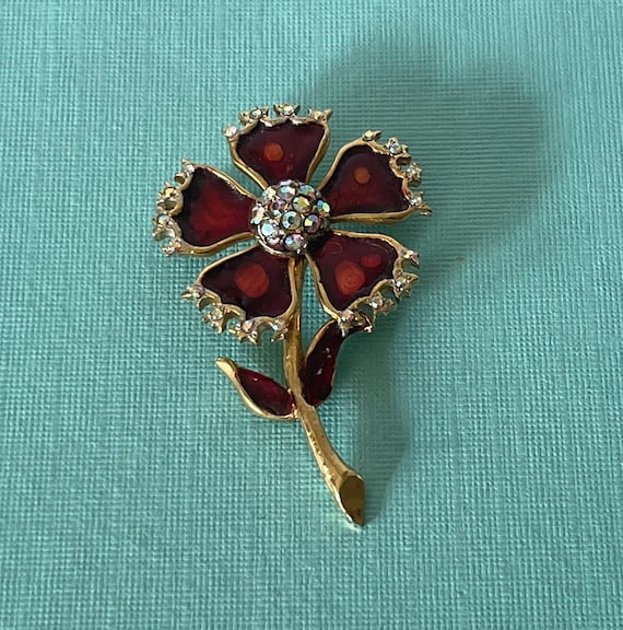 Vintage flower brooch, red flower brooch, daisy f… - image 1