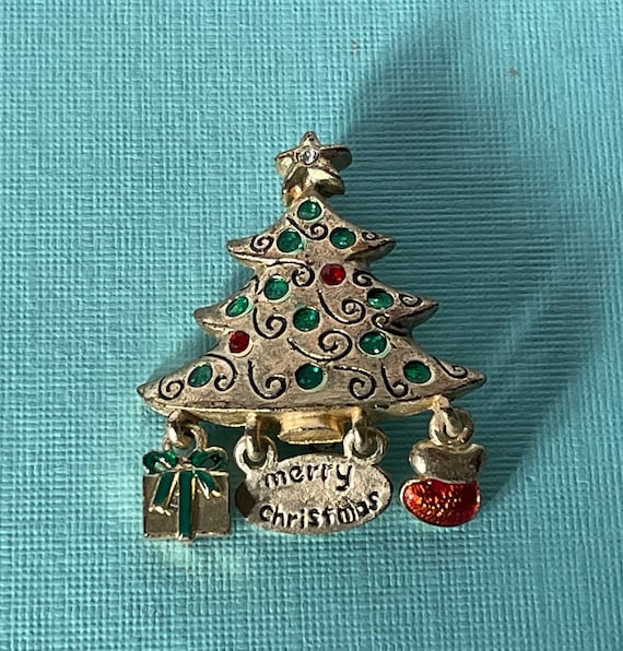 Vintage Christmas tree brooch, gold Christmas tre… - image 1