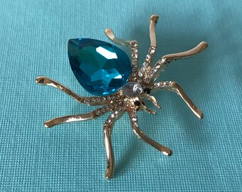 Blue rhinestone spider pin, gold spider pin, blue spider brooch, aurora borealis rhinestone spider pin blue rhinestone spider spider jewelry