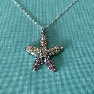 Vintage starfish necklace, vintage shell necklace, rhinestone starfish necklace, 20&quot; necklace, blue starfish necklace, rhinestone shell