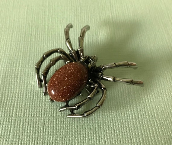 Gold sand stone spider brooch, rust spider brooch… - image 2