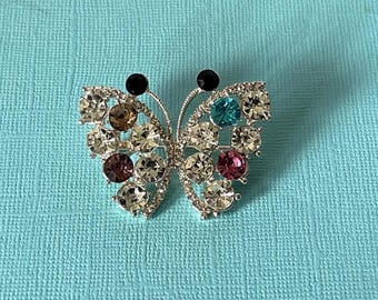 Blue rhinestone butterfly pin, butterfly brooch, multi colored rhinestone butterfly pin, butterflies, insect pin, but pin butterfly jewelry