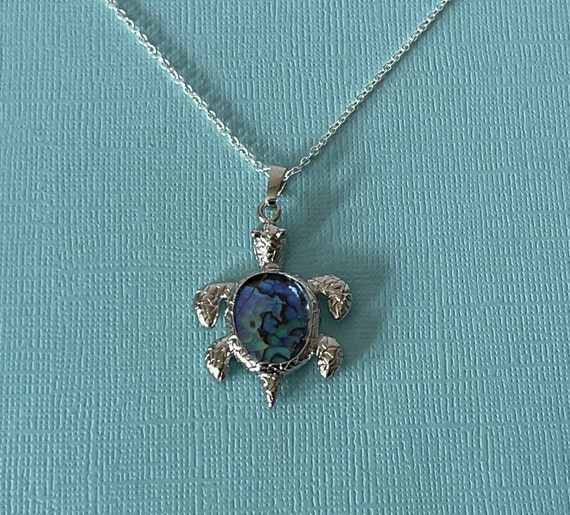 Abalone turtle necklace, 20" turtle necklace, silver turtle necklace, blue turtle necklace, turtle jewelry, sea turtle, snapping turtle