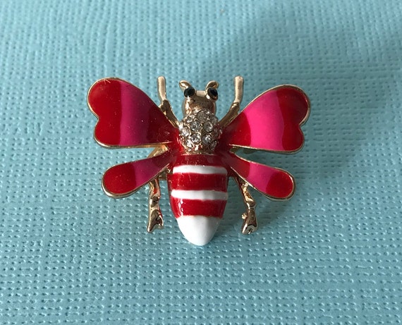 Pink and red rhinestone bumble bee pin, bee pin, … - image 1