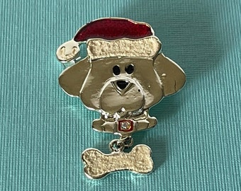 Christmas brooch, dog Christmas pin, Santa Christmas pin, dog with bone brooch, silver dog Christmas pin, Christmas jewelry, dog jewelry,