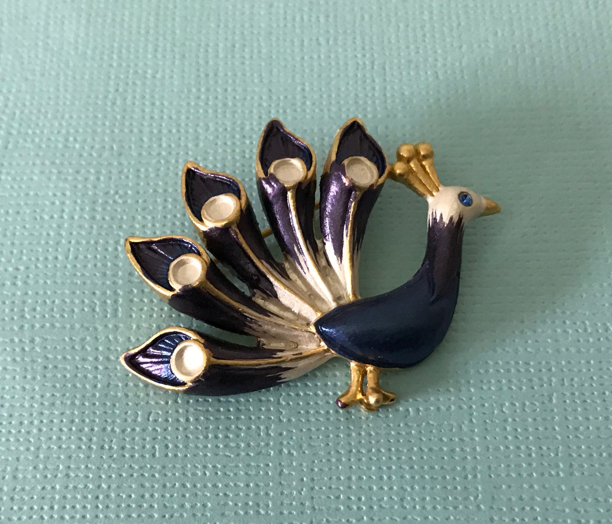 Broche Vintage Art-Déco - Paon En Bronze Avec œil En Ambre - Occasion