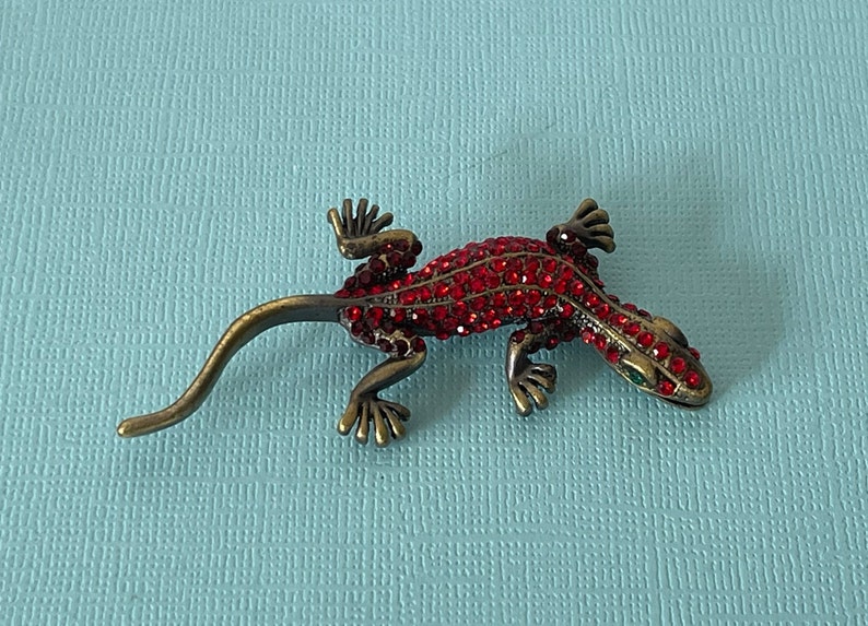 May include: A red jeweled lizard brooch with green eyes. The lizard is made of metal and has a long tail.