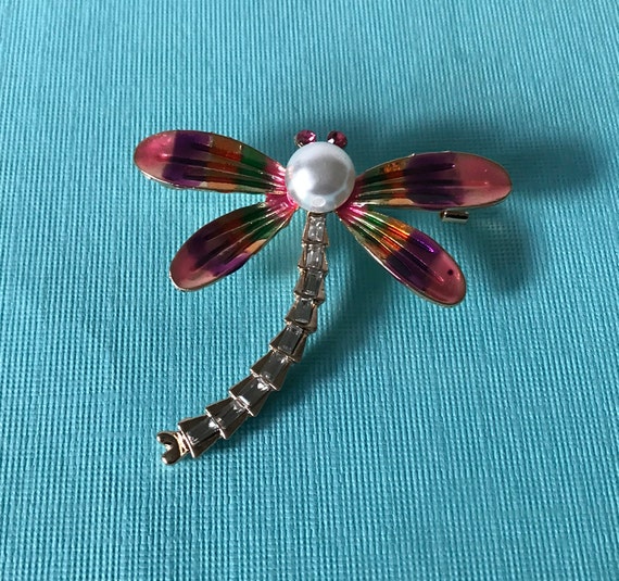 RHinestone and faux pearl dragonfly pin, purple dragonfly pin, pink dragonfly pin, faux pearl dragonfly, dragonfly brooch, insect pin