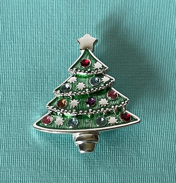 Vintage Christmas tree brooch, rhinestone Christma