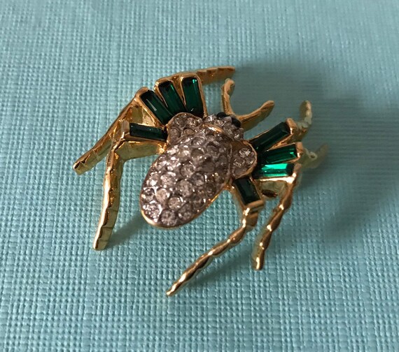 Vintage green rhinestone spider brooch, high end s