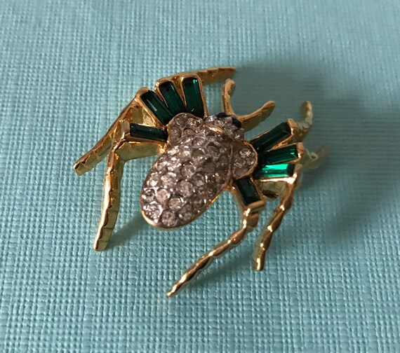 Vintage green rhinestone spider brooch, high end … - image 2