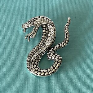 May include: A silver-coloured snake brooch with a detailed design. The snake's head is raised, with its mouth open, and is adorned with sparkling crystals. The body of the snake has a textured pattern.