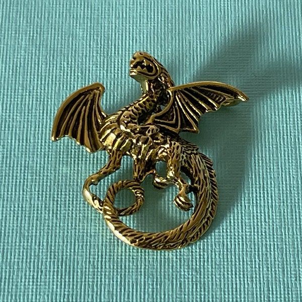 Gold dragon brooch, lucky dragon brooch, Chinese dragon pin, New Year's dragon brooch, dragon with faux pearl, dragon jewelry, dungeons,