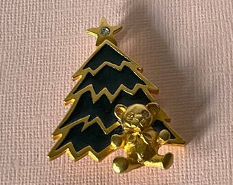 Vintage Christmas tree brooch, teddy bear pin, Christmas bear brooch, holiday pin, Christmas brooch, Christmas tree pin, Christmas jewelry