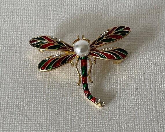 Rhinesotne dragonfly pin, faux pearl dragon fly p… - image 4