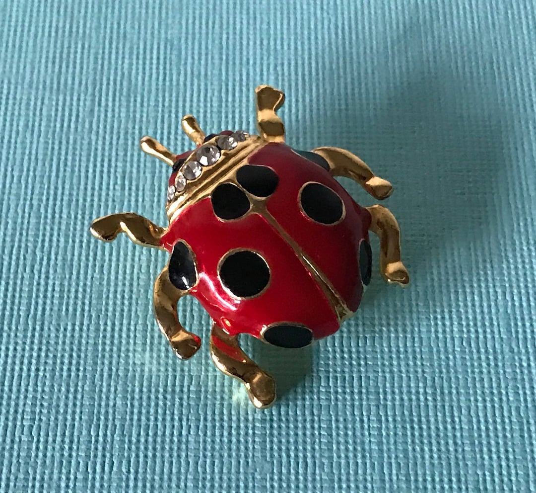 Vintage Lady Bug Brooch, Signed Lady Bug Brooch, Rhinestone Lady Bug