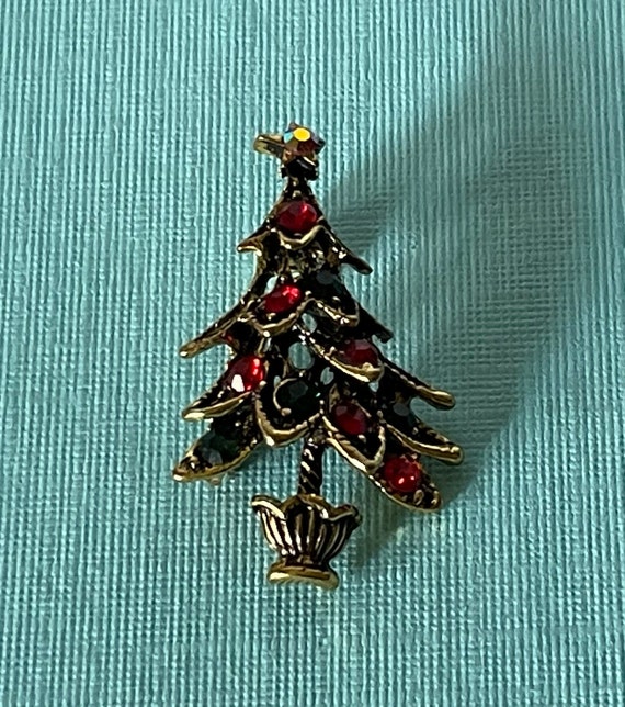 Rhinestone Christmas tree pin, green and red Chri… - image 1