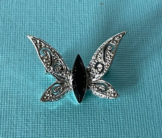 Vintage Black and Silver Butterfly brooch, Butter… - image 1