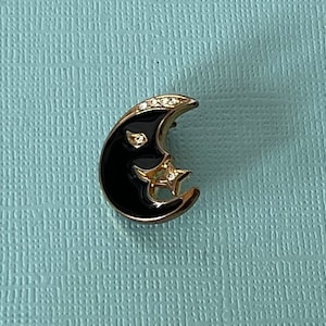 Vintage crescent moon brooch, moon brooch, rhinestone crescent moon pin, to the moon and back, crescent moon pin, blak moon pin, moon
