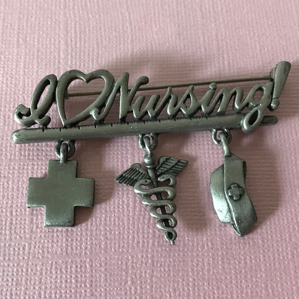 Vintage signed JJ nursing brooch, pewter nursing pin, gifts for nurses, nurse gifts, I heart nursing, i love nursing, nurse dangle brooch